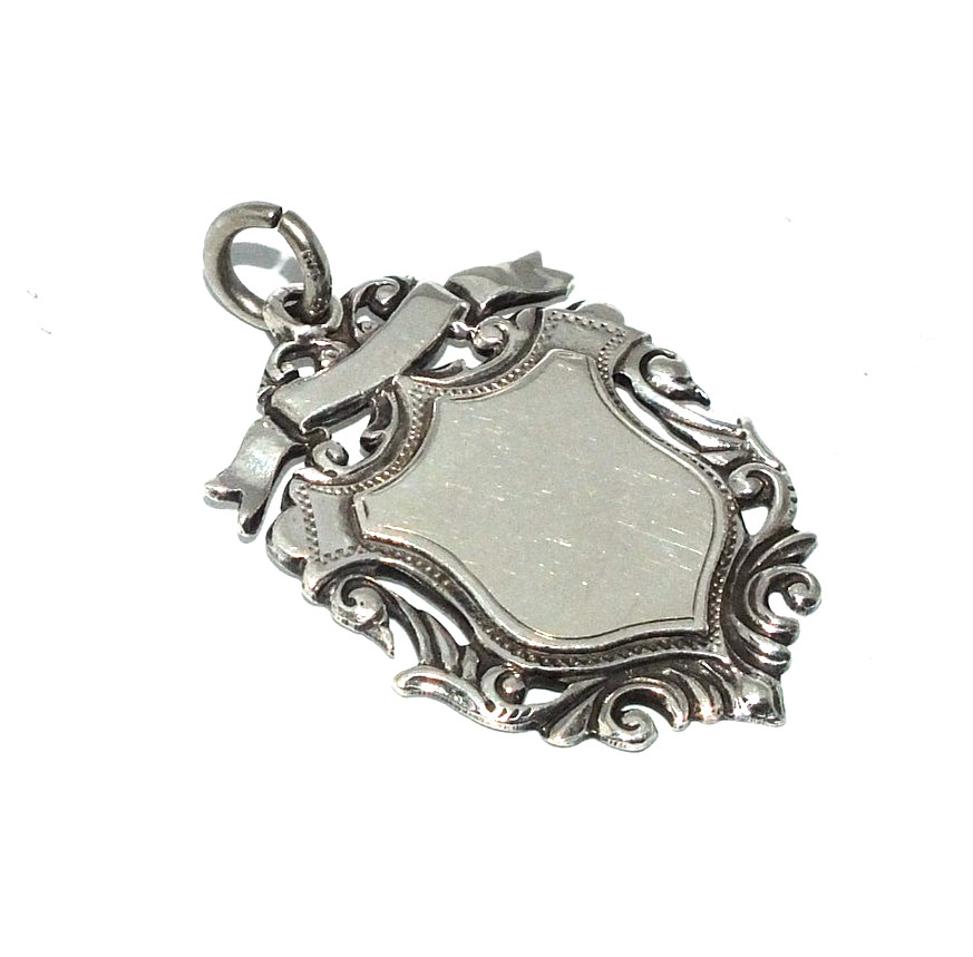 Gents/mens ornate solid silver shield shaped fob