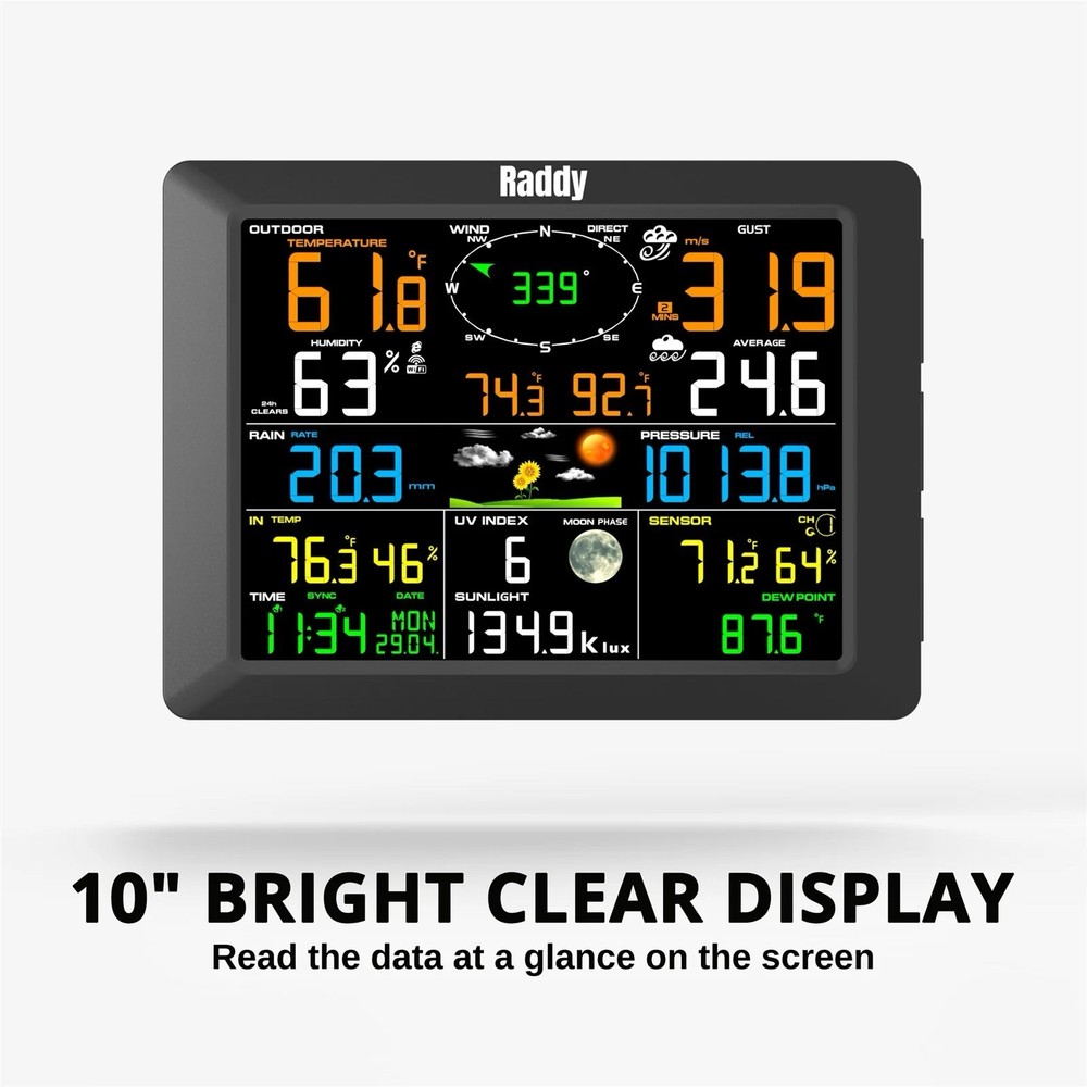 Raddy WF-100C Weather Station, Large 10" LCD, Wireless Sensor, Rain, Wind, Solar