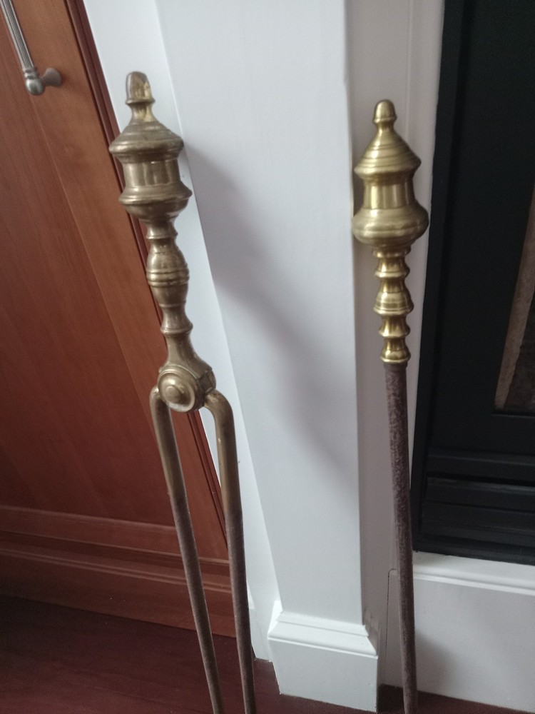 antique fireplace tools brass