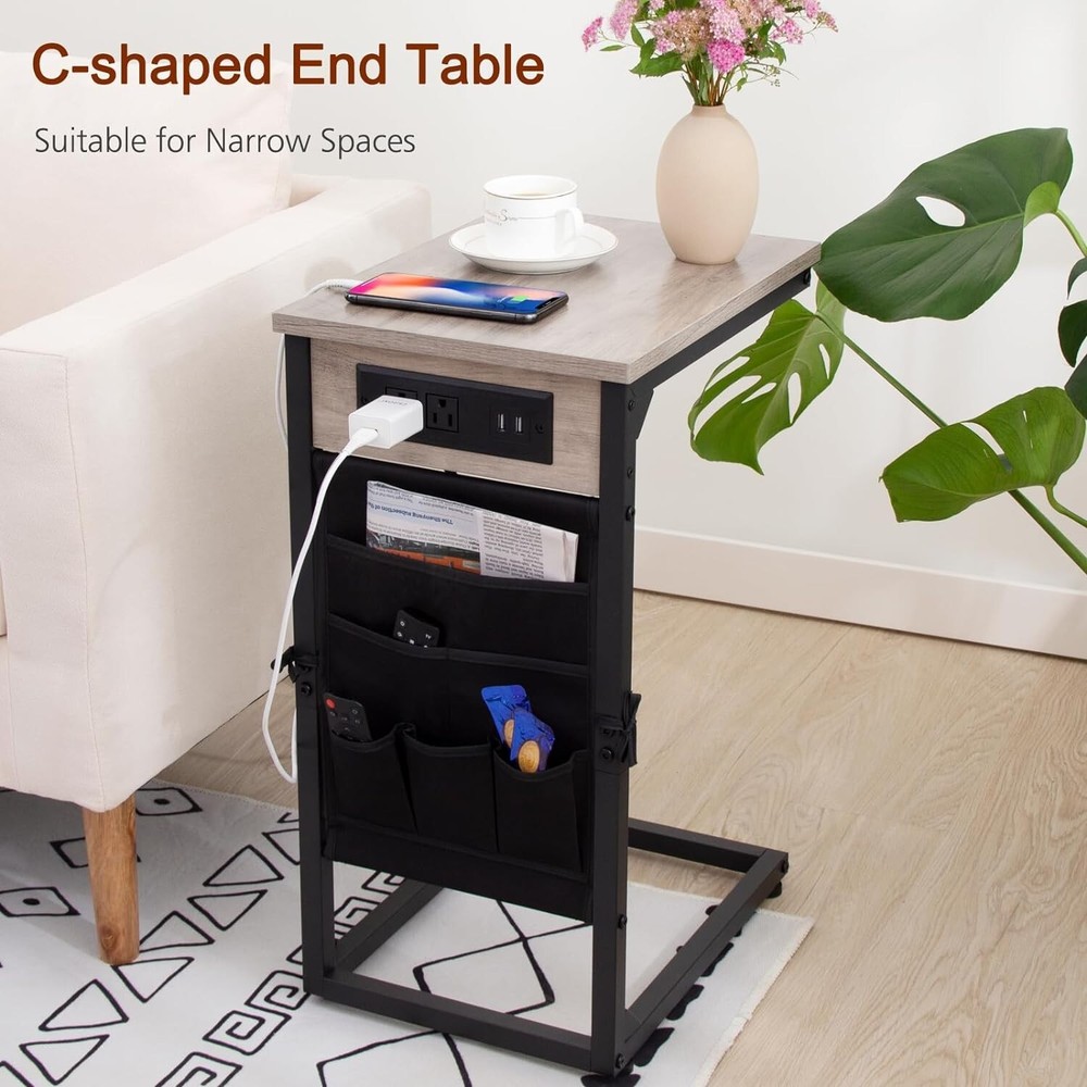 Tech-Savvy C-Shaped End Tables Set with Charging Station & Storage Pockets