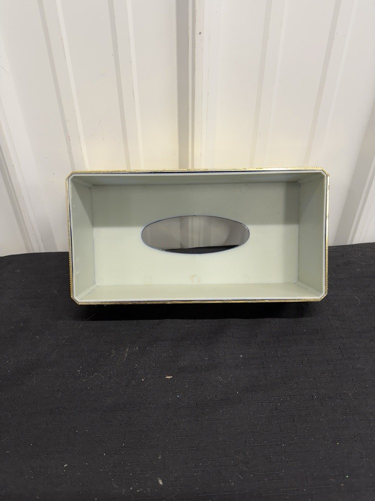 Tissue Box Cover Rectangle Gold Rose Floral Pattern Blue Felt Backing Plastic