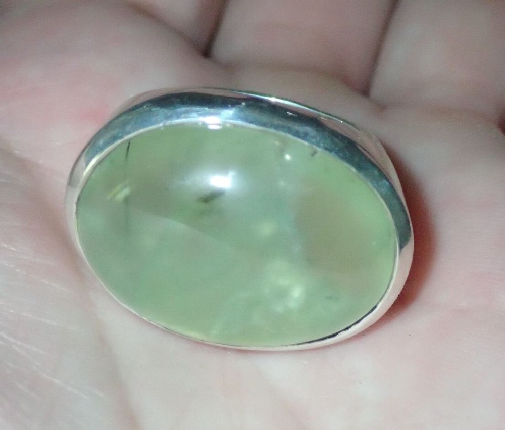 BIG Oval Prehnite Solid Sterling Silver Ring sz 8.
