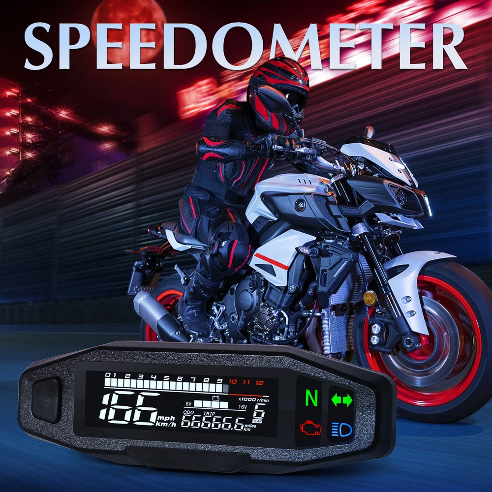 LCD Digital Motorcycle Speedometer Odemeter Tachometer Gear Indicator w/ Bracket
