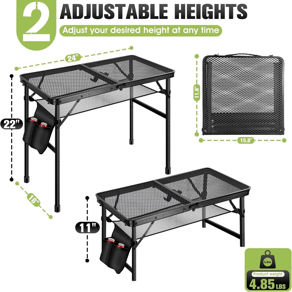 Upgraded Folding Grill Table - Metal Portable Camping Table, 2 Height Adjustable