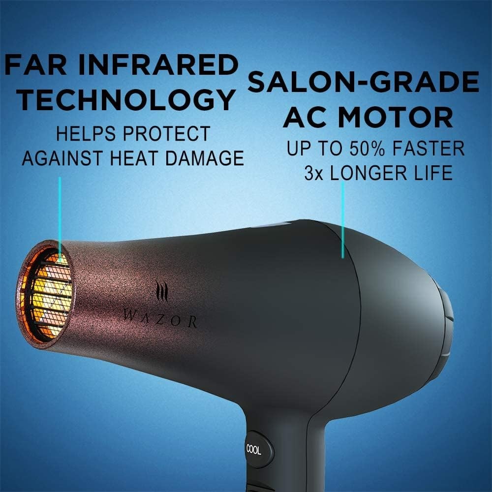 Wazor Professional Ionic Hair Dryer with Diffuser, 3 Piece Set, Black