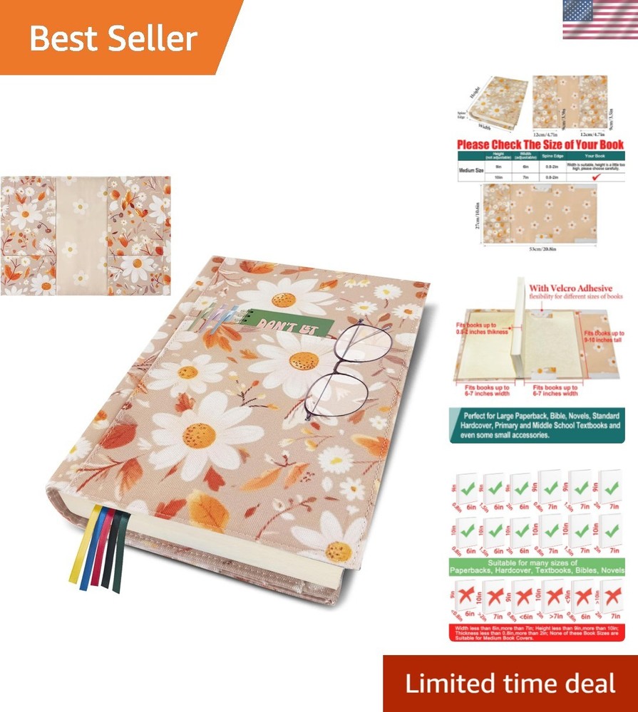 Daisy Adjustable Book Cover Protector for Hardcover,Reusable Soft Canvas Fabr...