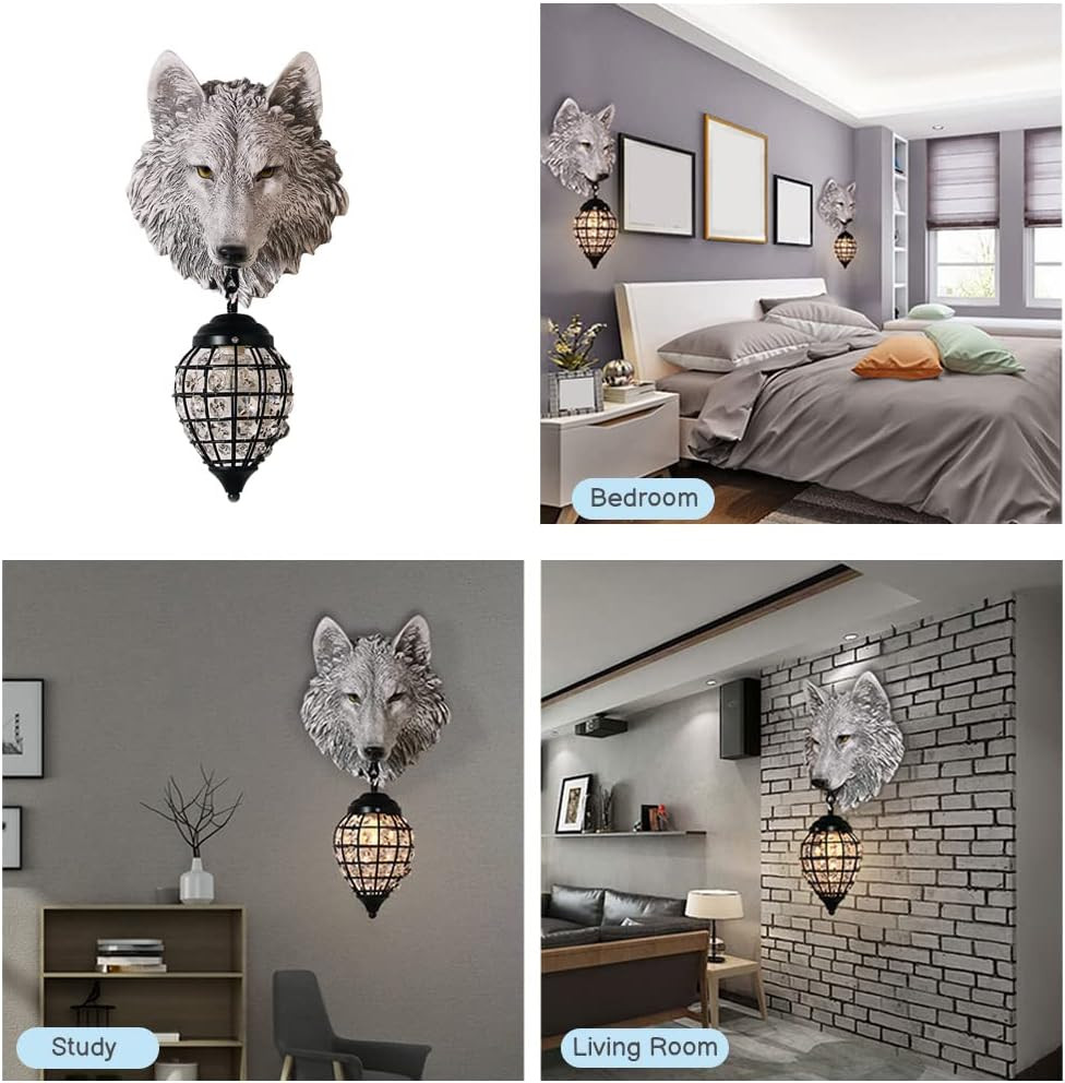 Rustic Wolf Wall Sconce with Crystal Shade - Farmhouse Decorative Light