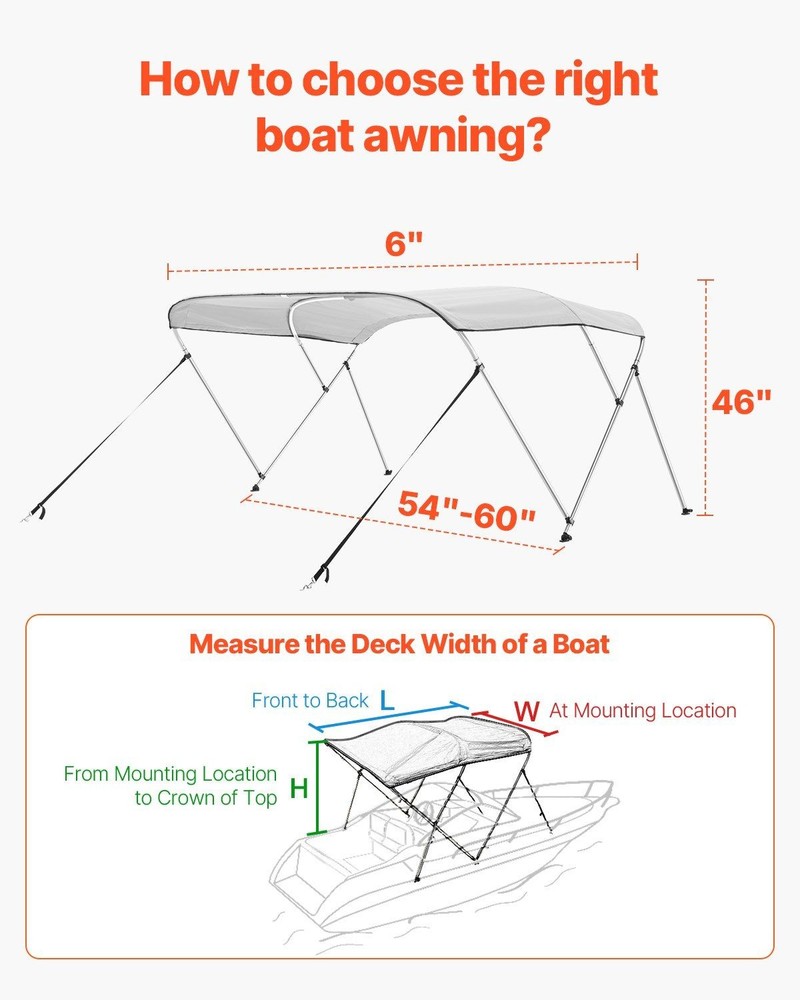600D Polyester Bimini Top w/ Aluminum Frame, Foldable Boat Awning & Storage Bag