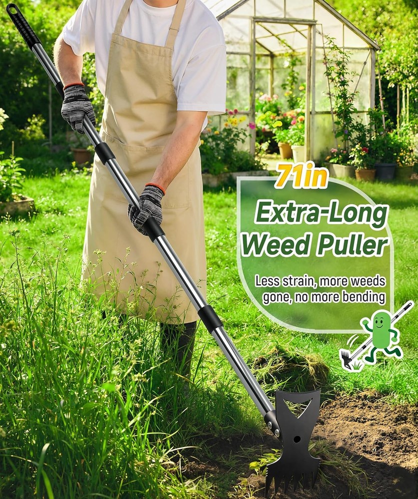 71-Inch Heavy-Duty Weed Puller Tool with Adjustable Handle and Gloves