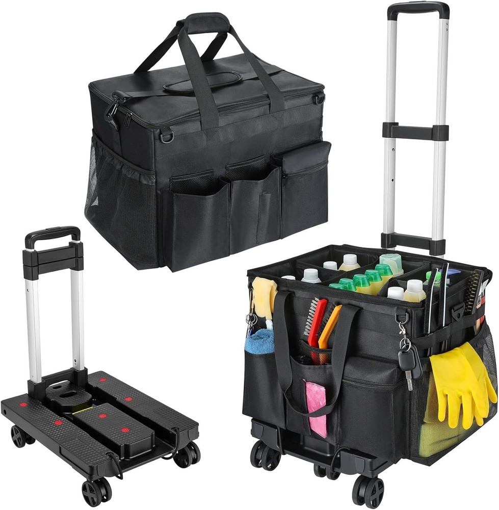 Extra Large Rolling Cleaning Caddy Bag with Detachable Trolley, Upgraded 360�