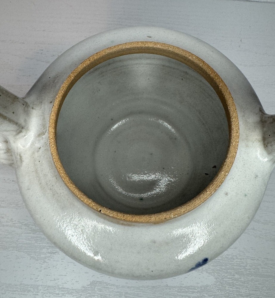 Handmade Art Pottery Teapot Blue Design Pattern Marked On Bottom.
