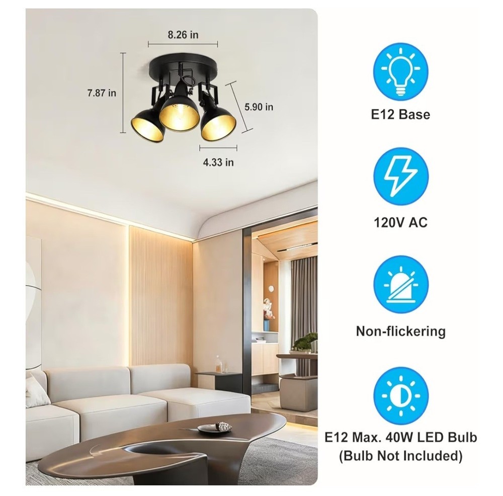 Multi-Directional Ceiling Spot Light Semi Flush Mount Round Track Light Black