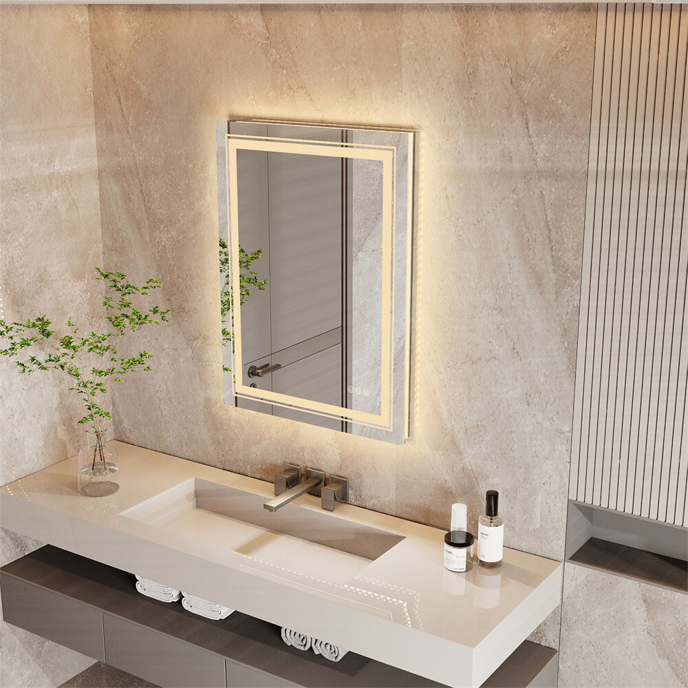 LED Mirror for Bathroom Vanity Front Light + Backlit Stepless Dimmable Anti-Fog