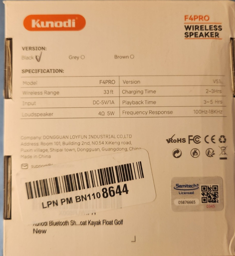 New, KUNODI Waterproof Bluetooth Speaker w/Suction Cup