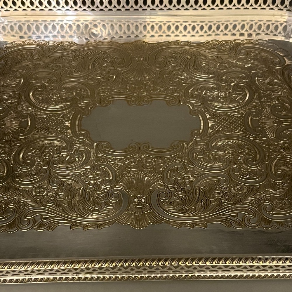 Vintage Silver Plated Gallery Tray Rectangular English Drinks Display on Brass