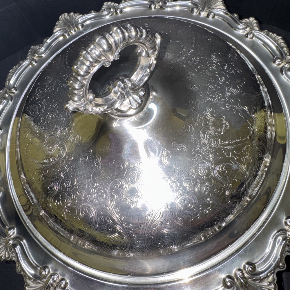Silver- plated covered,divided dish insert (mid‑century, Rococo style)
