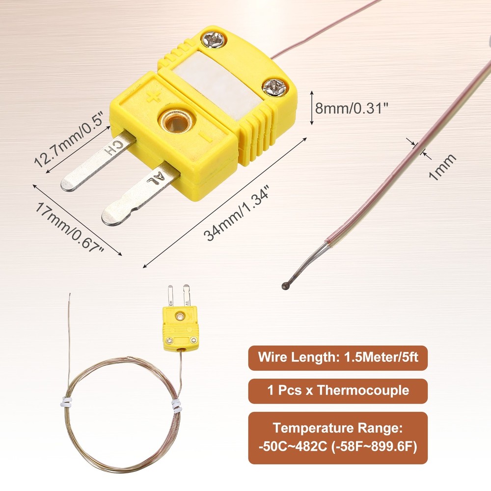 K Type Thermocouple Mini Connector Temperature Sensor 5ft, 1mm Wire
