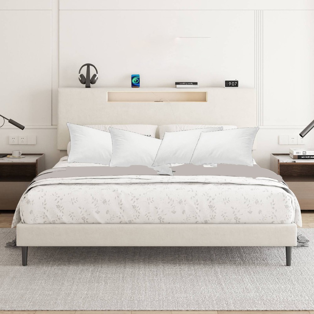 Upholstered Platform Bed Large Size Frame With LED Light And Charging Function