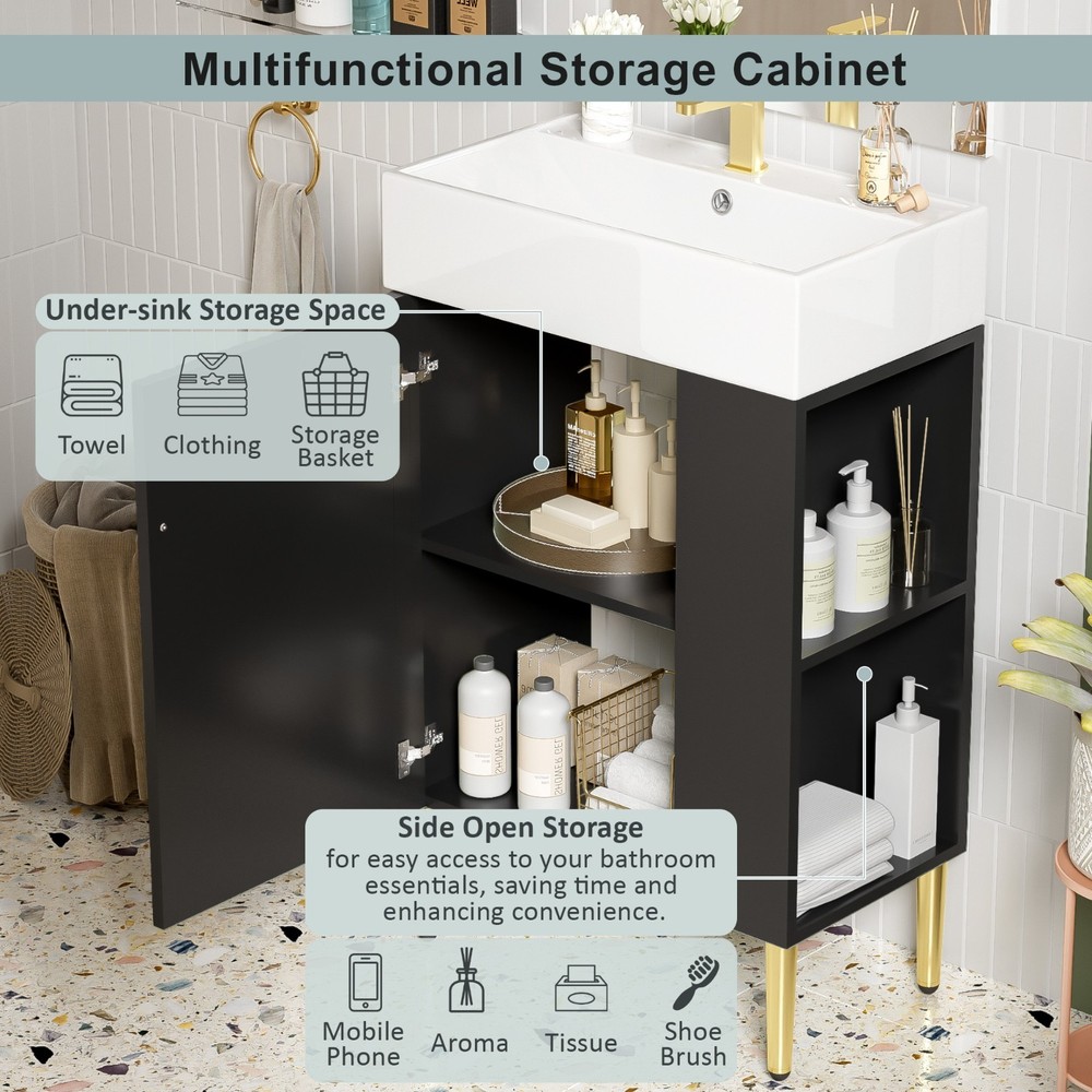 21.6" Black Bathroom vanity Combo Cabinet Single Ceramic Sink Right Side Storage