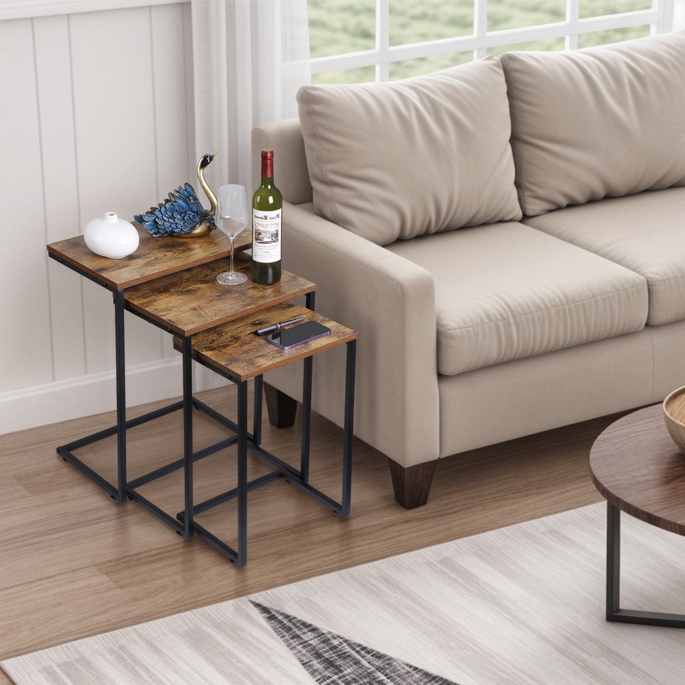 Nesting Coffee Table Set of 3 Stacking C-Shape Accent End Table with Metal Frame