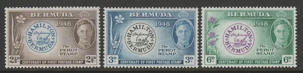 Bermuda 1949 Centenary of Postmaster Perot's Stamp SG 127-129 Mnh.