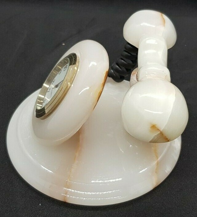 WHITE ONYX HANDCRAFTED, TELEPHONE STYLE CLOCK, 3"