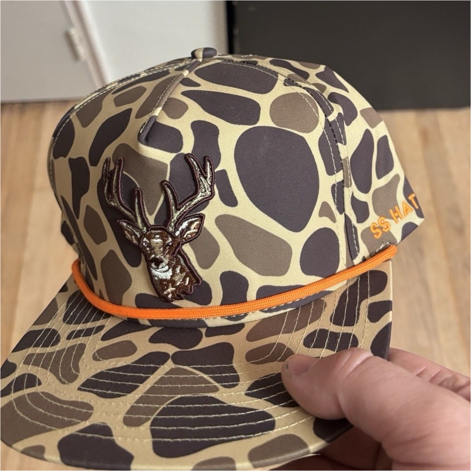 SS HAT Ball Cap Brown Beige Orange with Deer Patch and Camouflage Trim