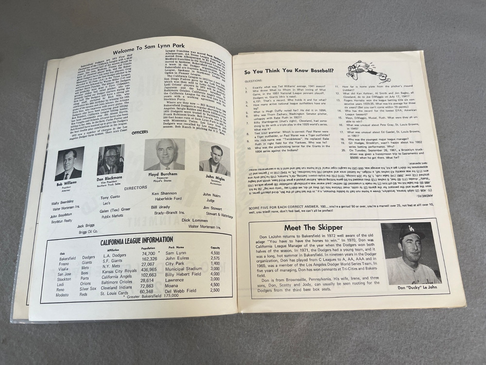Vintage Baseball Program Book Bakersfield Dodgers Program Roster AAA League '72