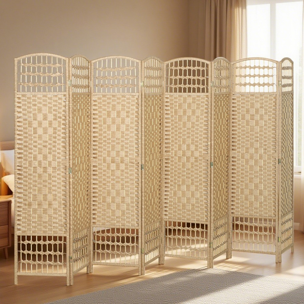 8 Panel Folding Room Divider Privacy Screen Wave Fiber Room Separator Natural