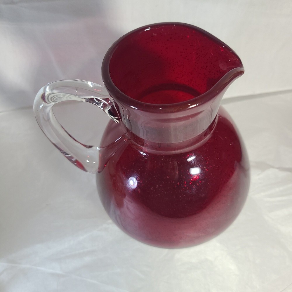 ABIGAIL Hand Blown Red Ruby Art Glass Bubble Pitcher Applied Clear Handle 5.5"