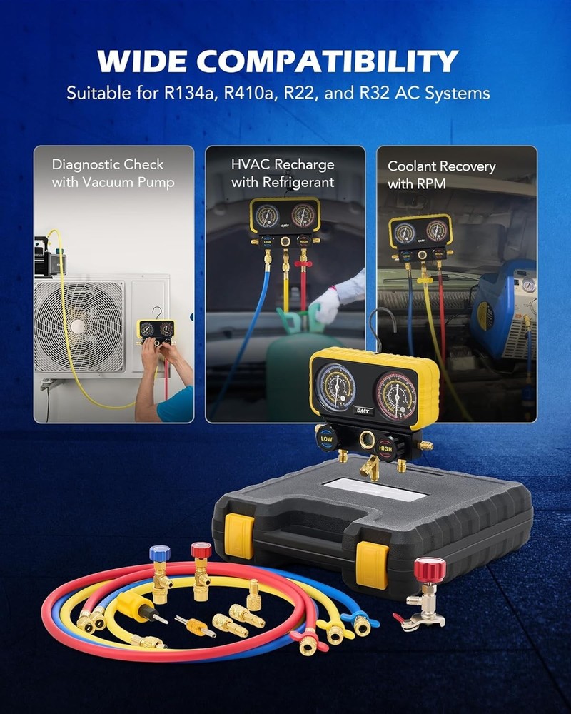 Precision R410A Gauges with Color-Coded Hoses & Durable Aluminum Construction