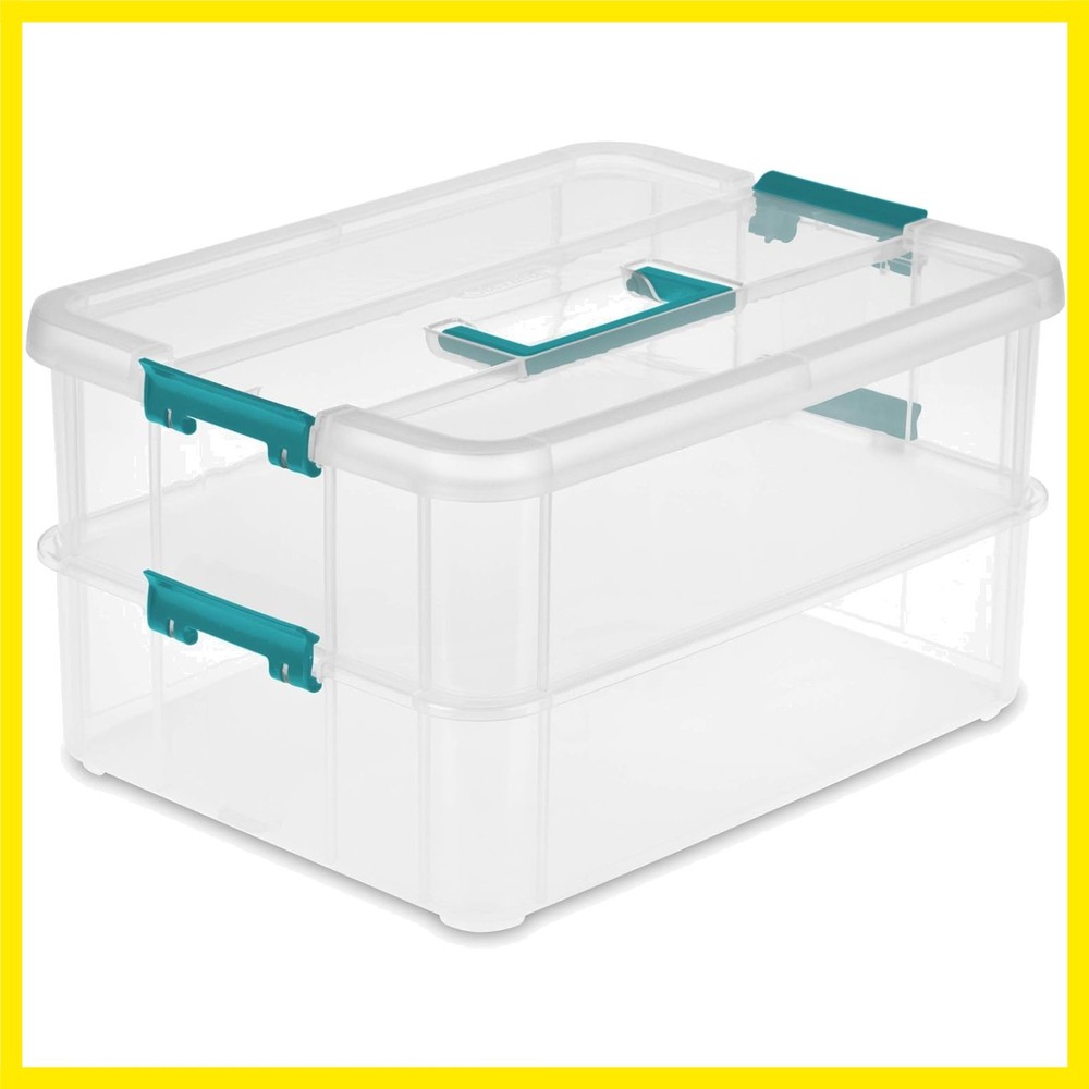 1427CLR Stack & Carry - 2 Layer Box, Clear Lid & Blue Handle, See-through layers