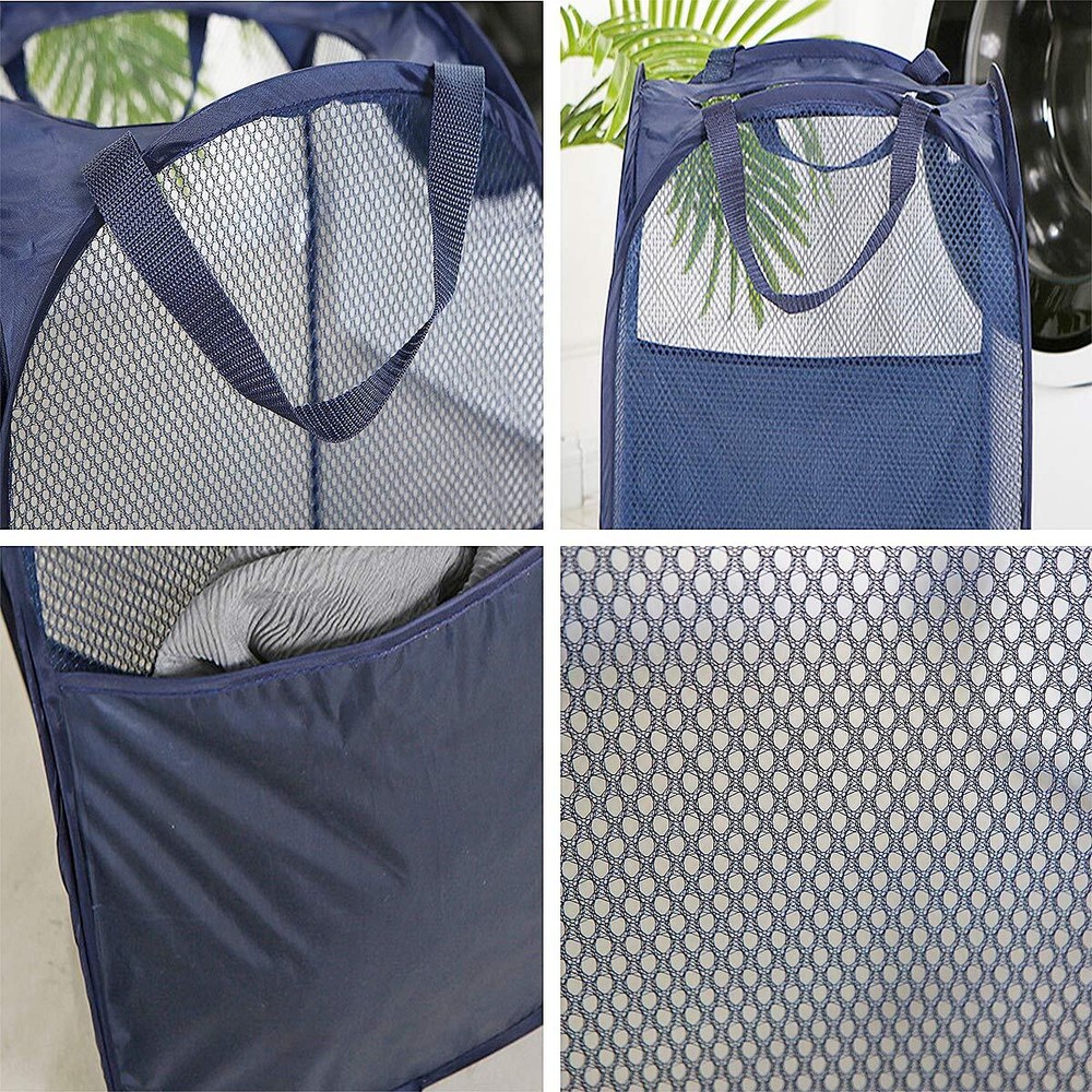 2 Pop-Up Laundry Baskets Foldable Mesh with Reinforced Handles Black and Blue