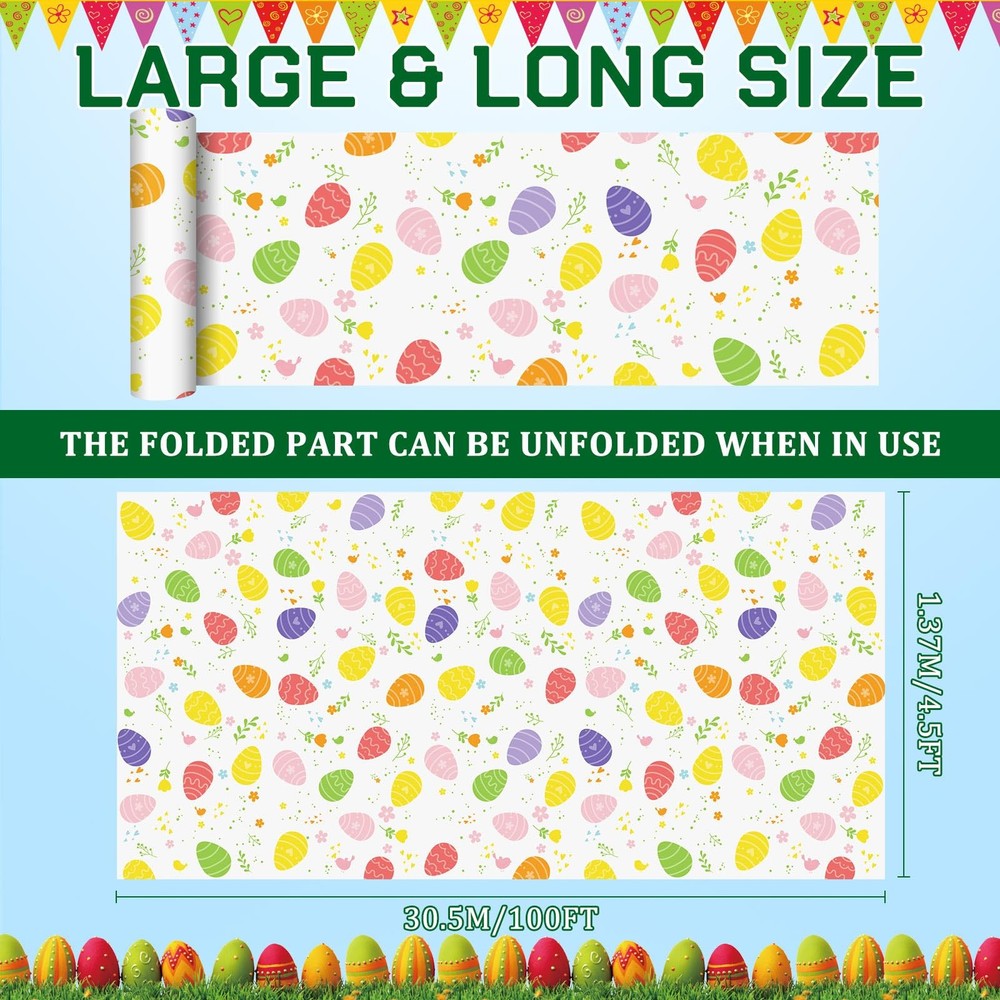 100 ft Easter Tablecloth Roll Disposable Plastic Easter Egg Table Clothes Tab...