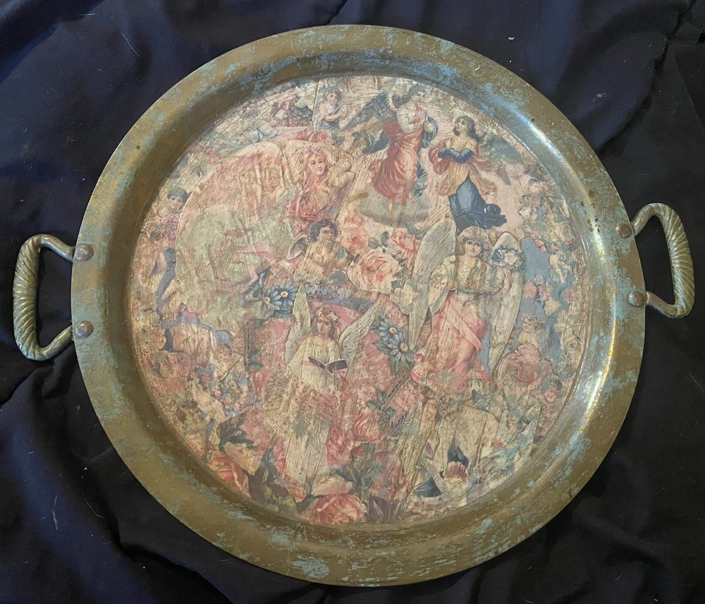 Brass Platter With Decoupaged Angels