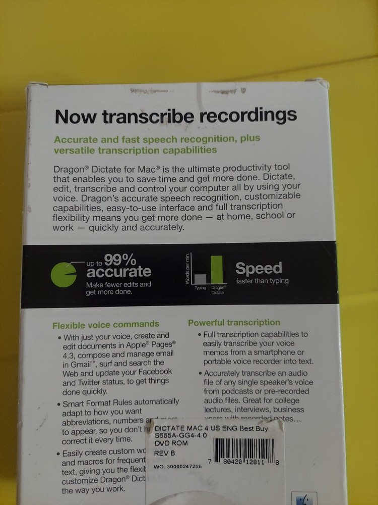 NUANCE DRAGON DICTATE FOR MAC SPEECH RECOGNITION SOFTWARE SET VERSION 4 USED