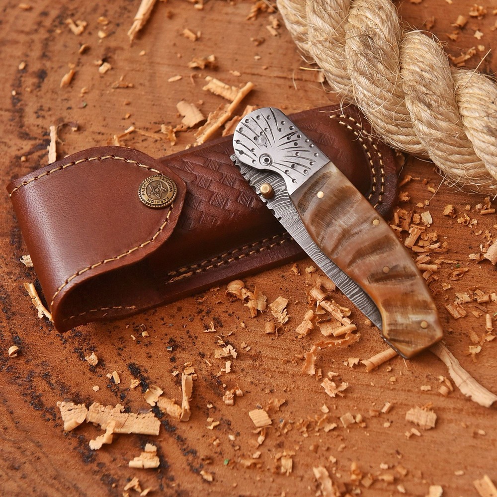 Custom Made Folding Blade Pocket Knife Ram Horn Handle