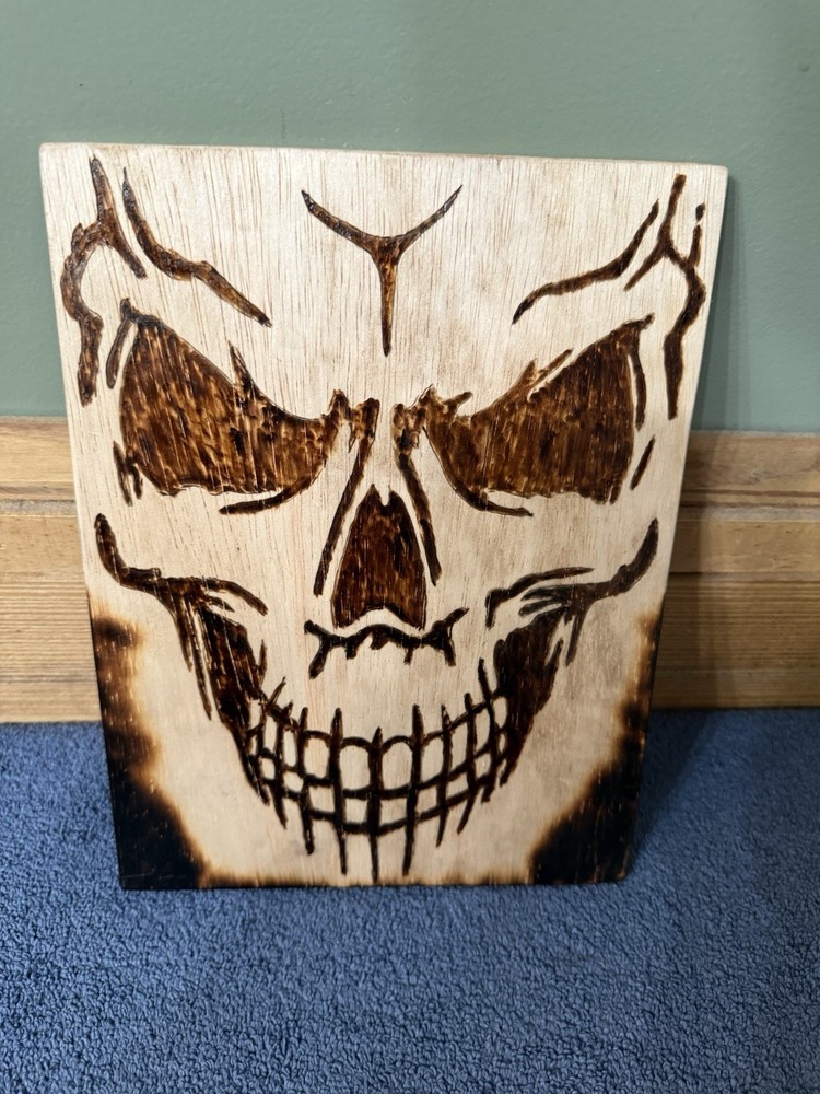 Handmade Pyrography Full Face Skull 8x10” Wall Hanging