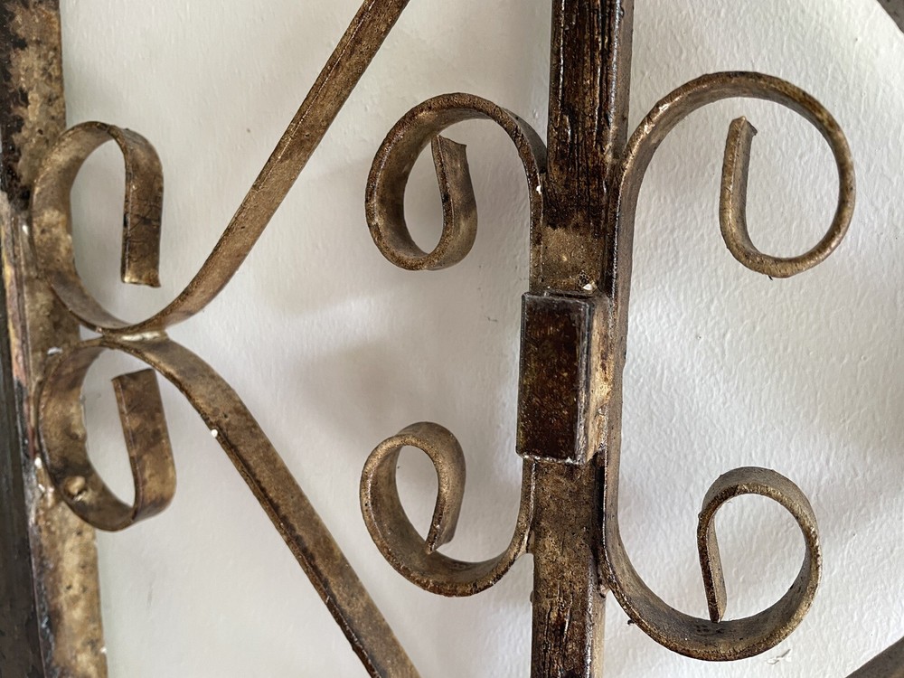 Antique Wood Church Window Frame Iron Scrollwork
