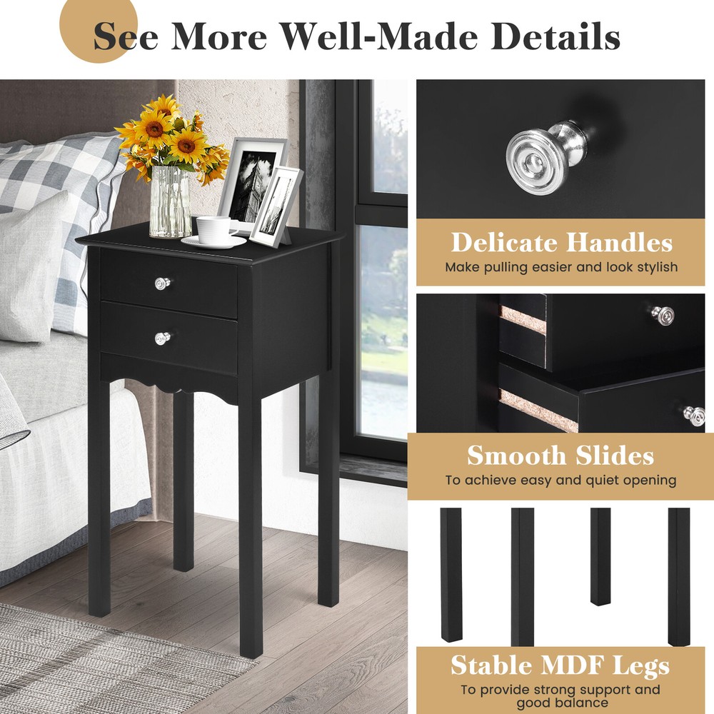 2 PCS Side Table End Accent Table Night Stand W/ 2 Drawers Black