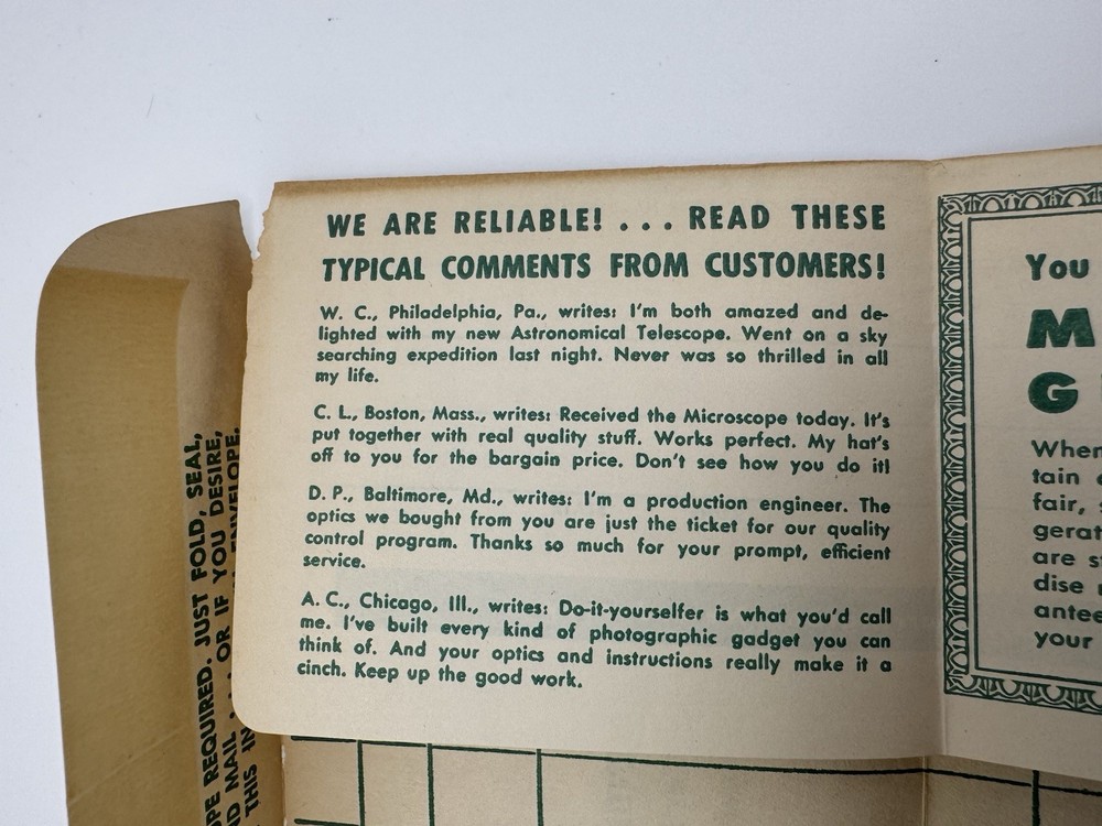 Edmund Scientific Co Order Form Envelope Science Optics Space Math LS 1950s