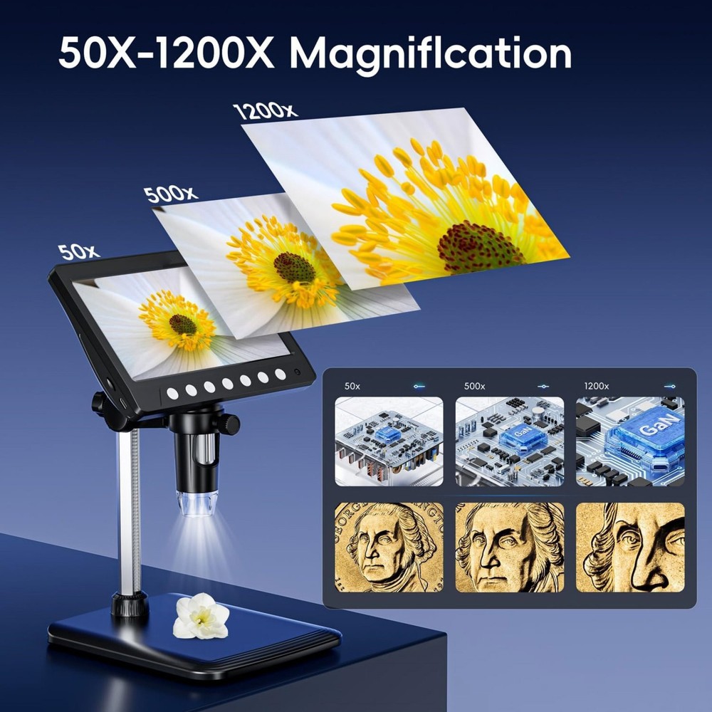 7 "IPS Screen Digital Microscope 1200X 1080P Video Focusing Microscope Tool