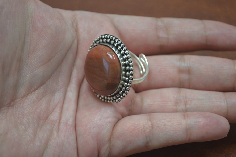 BROWN AGATE STONE SILVER PLATED COLOR RINGS ADJUSTABLE SIZE #T-41C