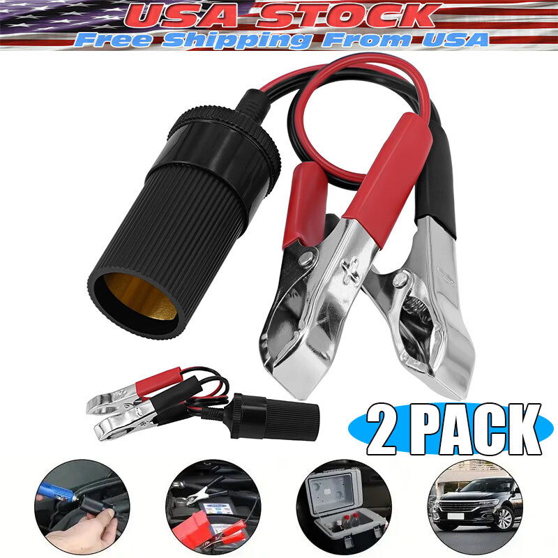 2xCar Battery Alligator Clamp Cable Clip Cigarette Lighter Adapter Socket 12V US