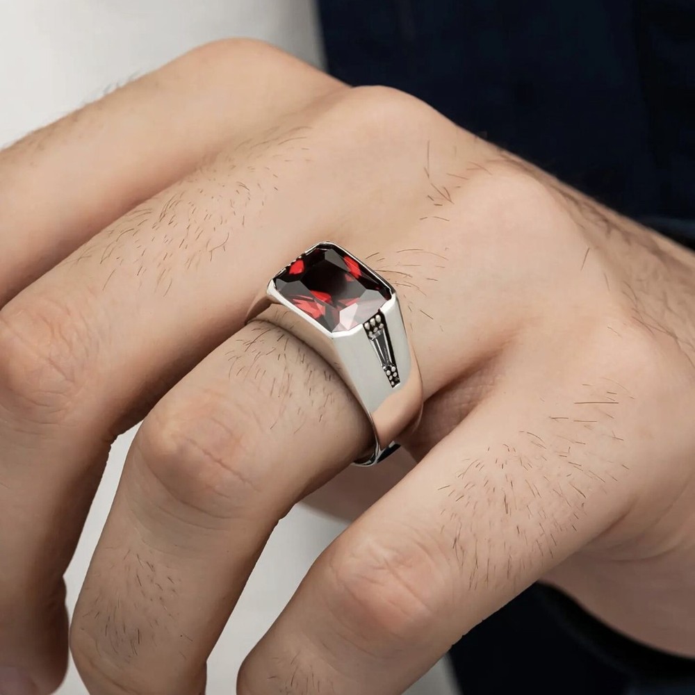 Solid Real Sterling Silver Garnet Stone Men's Ring All Size #TR183