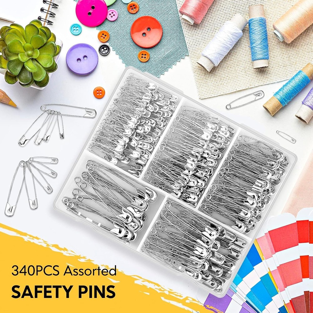 Multi-Size Safety Pins Bulk - 340 Pack, Rust Resistant for Crafts & Sewing