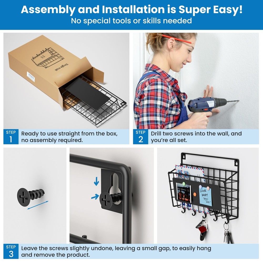 Easy Assembly and Installation Iron Key Holder Wall Mount, Mail Organizer for...