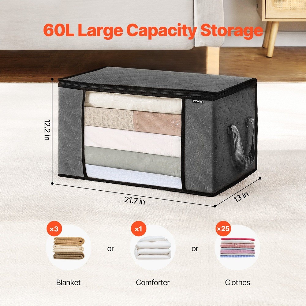 6-Pack 60L Space-Saving Bags for Efficient Home Closet Management System Grey
