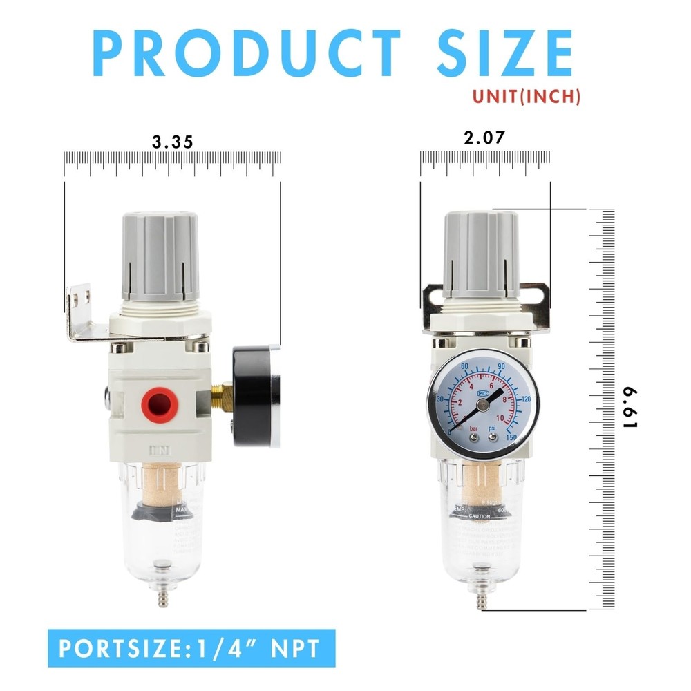 1/4" NPT Compressed Air Combination Filter Regulator Combo - Regulator, Filte...