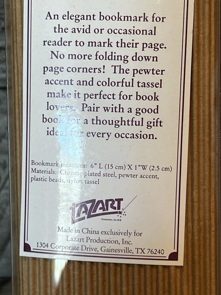 Tasseled Pewter Bookmark Metal on Box Book Decor